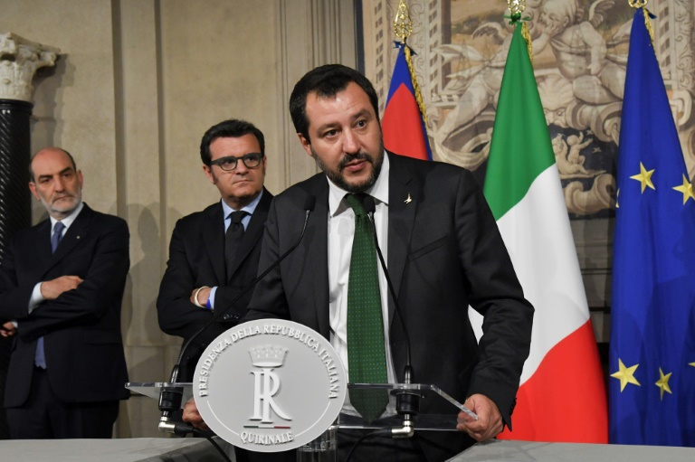 ماتيو سالفيني زعيم الرابطة يتحدث خلال مؤتمر صحافي في القصر الرئاسي في روما في 21 ايار/مايو 2018
